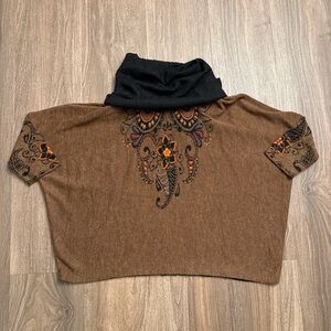 Peruvian Imports 100% alpaca Brown Cowl Neck sweater with Embroidered Design